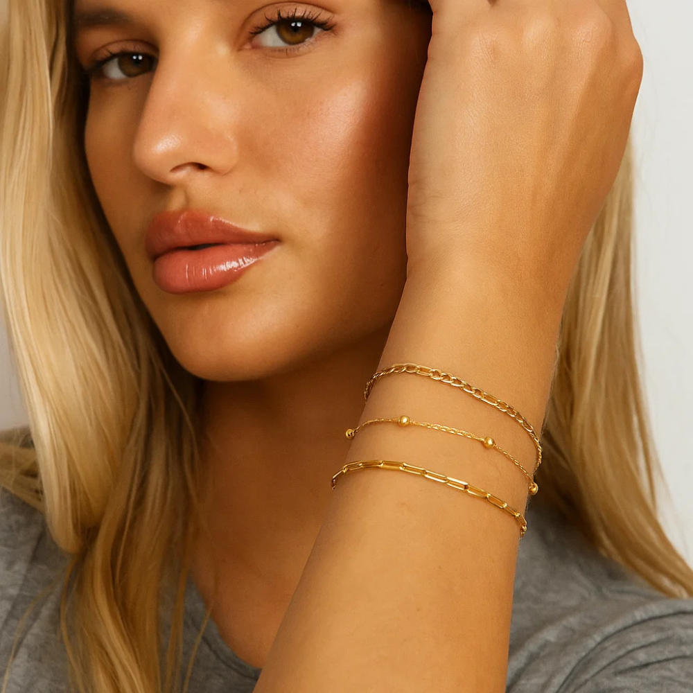 Adriana 3-Piece Stackable Bracelet Trio Set, Beaded, Figaro, Paperclip Link - Granted Quality 