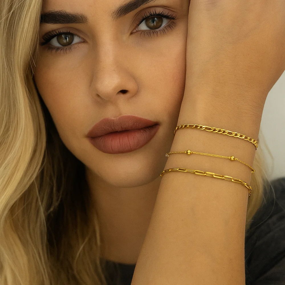 Adriana 3-Piece Stackable Bracelet Trio Set, Beaded, Figaro, Paperclip Link - Granted Quality 