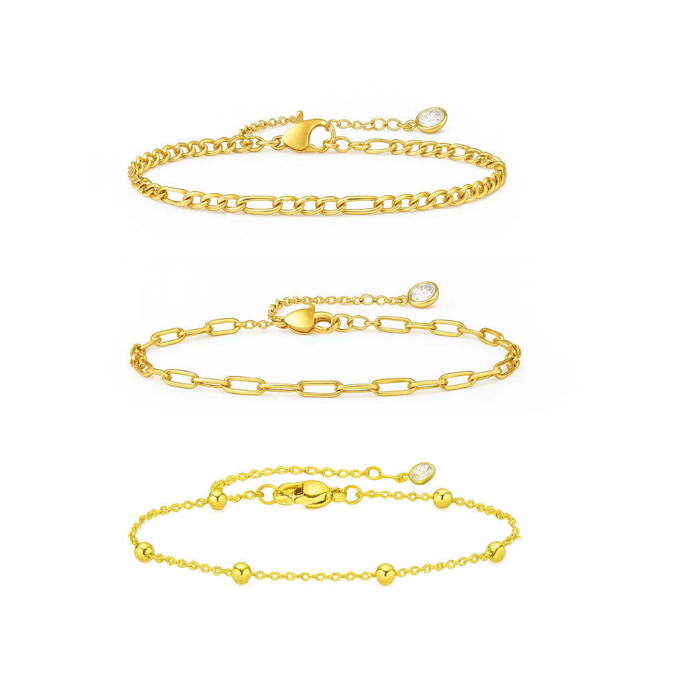 Adriana 3-Piece Stackable Bracelet Trio Set, Beaded, Figaro, Paperclip Link - Granted Quality 