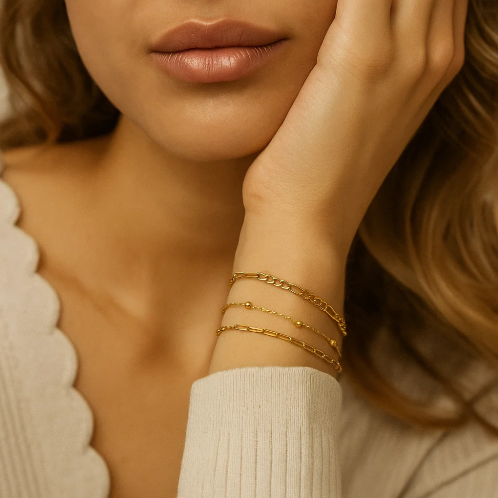 Adriana 3-Piece Stackable Bracelet Trio Set, Beaded, Figaro, Paperclip Link - Granted Quality 