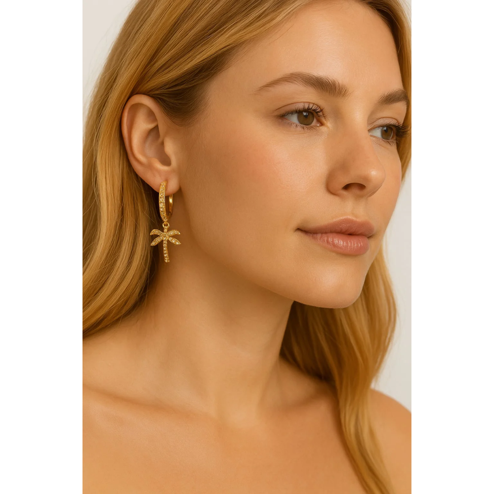 Palm Tree Hoop Earrings – Gold or Silver with Cubic Zirconia - Granted Quality 