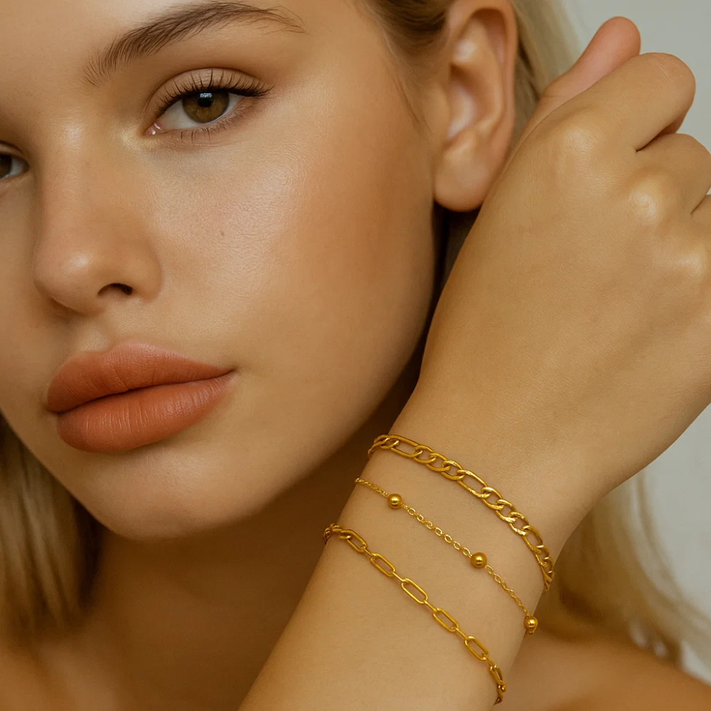 Adriana 3-Piece Stackable Bracelet Trio Set, Beaded, Figaro, Paperclip Link - Granted Quality 