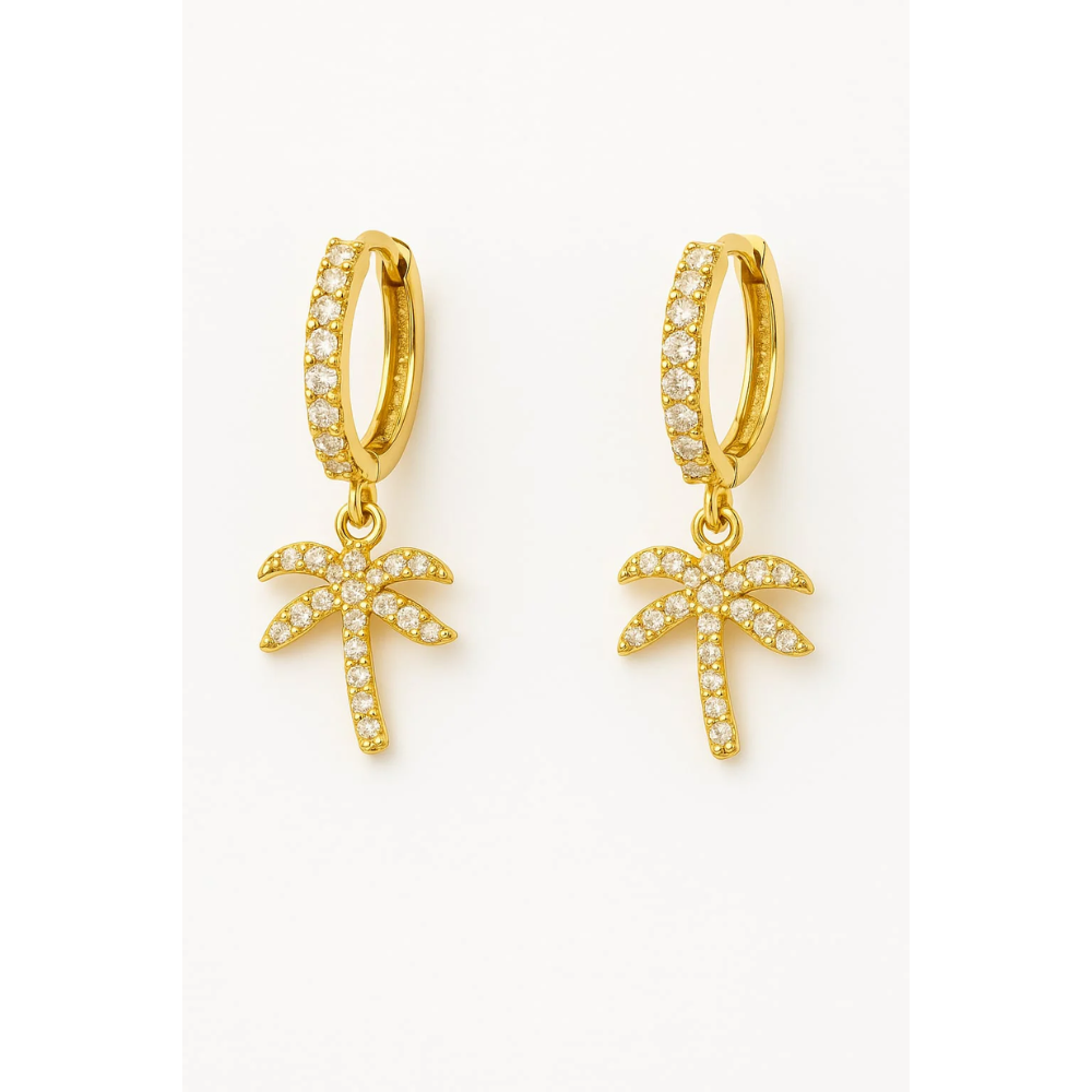 Palm Tree Hoop Earrings – Gold or Silver with Cubic Zirconia - Granted Quality 