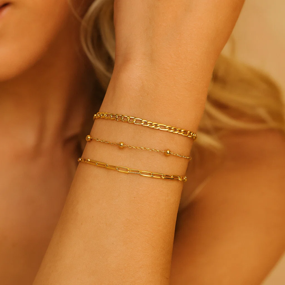 Adriana 3-Piece Stackable Bracelet Trio Set, Beaded, Figaro, Paperclip Link - Granted Quality 