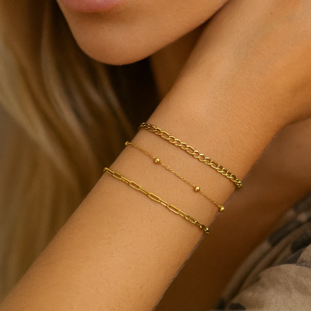 Adriana 3-Piece Stackable Bracelet Trio Set, Beaded, Figaro, Paperclip Link - Granted Quality 