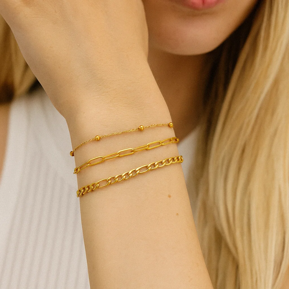 Adriana 3-Piece Stackable Bracelet Trio Set, Beaded, Figaro, Paperclip Link - Granted Quality 