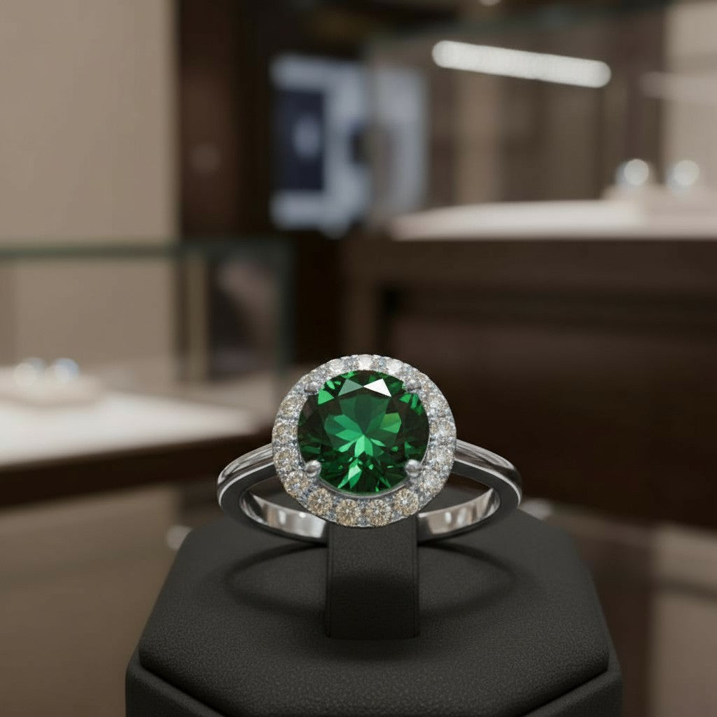 "Circle of Life" Round Portuguese Cut Ring with Halo 7mm - Granted Quality 