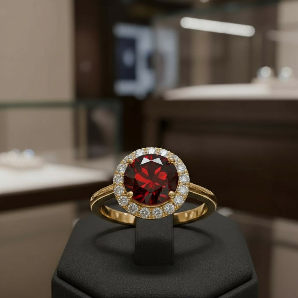 "Circle of Life" Round Portuguese Cut Ring with Halo 7mm - Granted Quality 