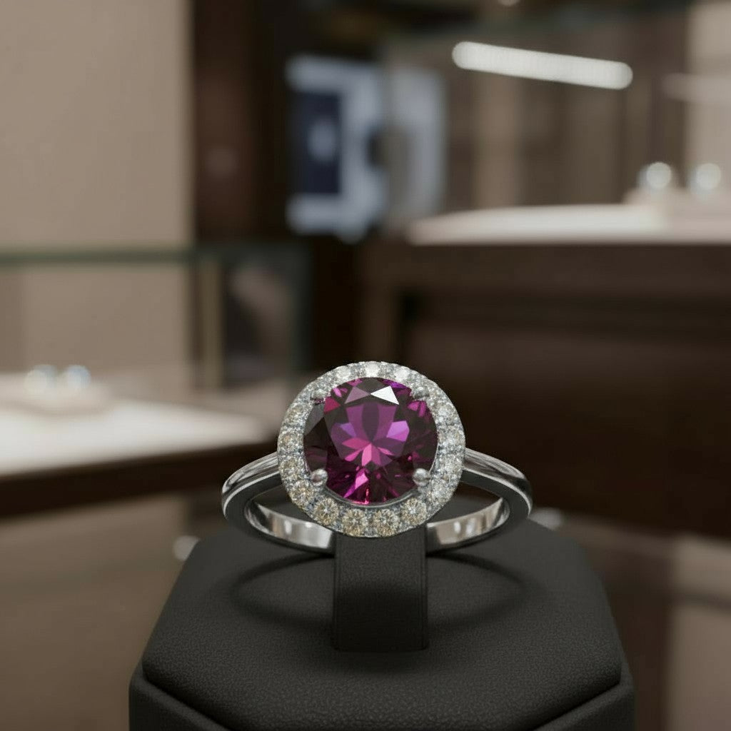 "Circle of Life" Round Portuguese Cut Ring with Halo 7mm - Granted Quality 