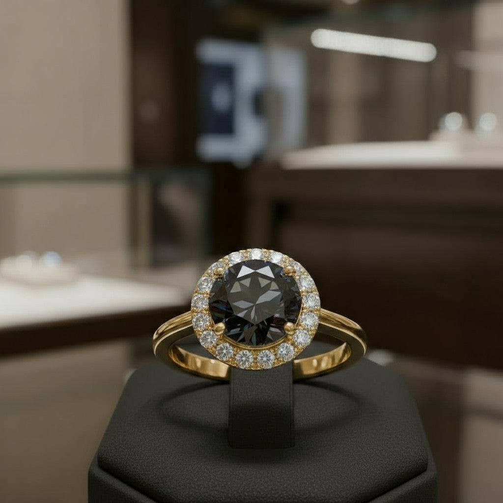 "Circle of Life" Round Portuguese Cut Ring with Halo 7mm - Granted Quality 