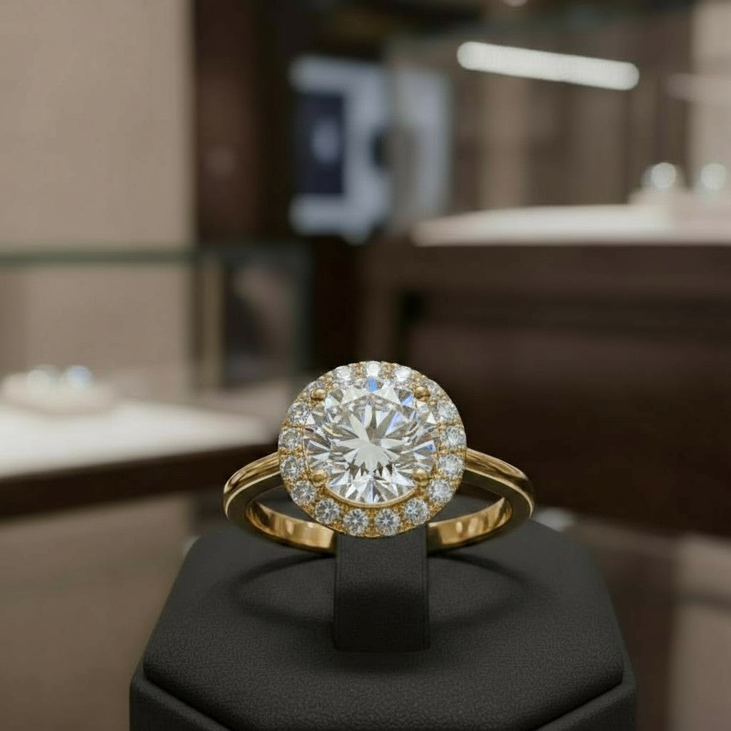 "Circle of Life" Round Portuguese Cut Ring with Halo 7mm - Granted Quality 