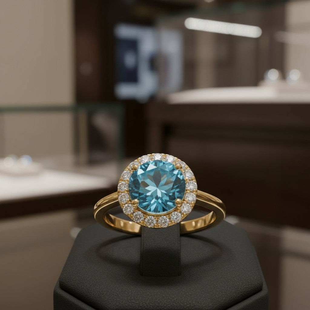 "Circle of Life" Round Portuguese Cut Ring with Halo 7mm - Granted Quality 