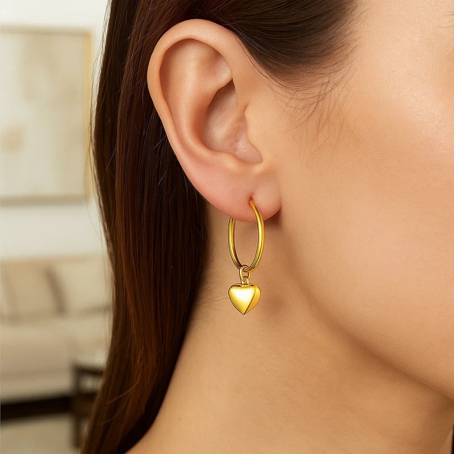 14k Yellow Gold Hoop Earrings with Dangling Puffed Heart