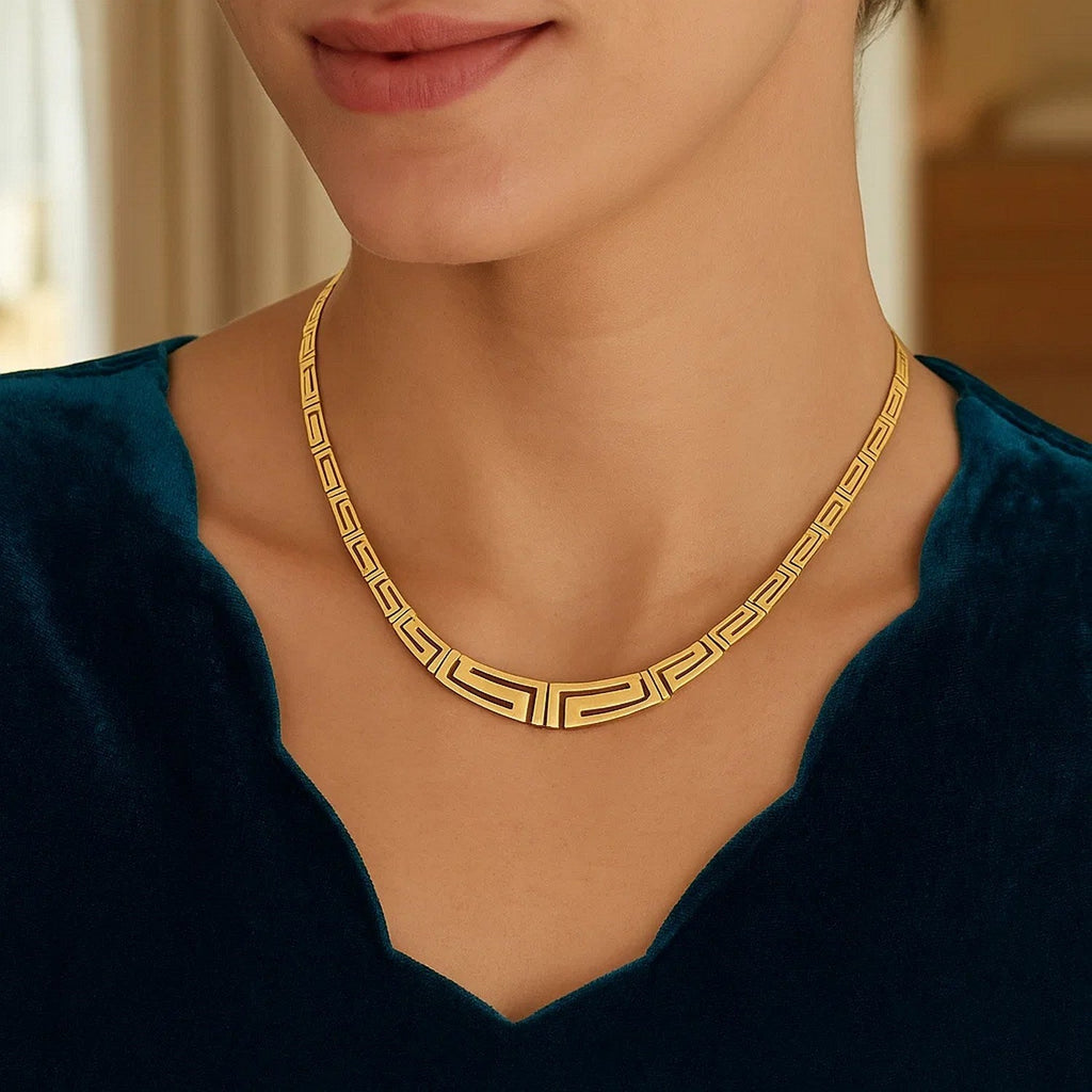 14K Yellow Gold Necklace with Graduated Greek Meander Motif Links