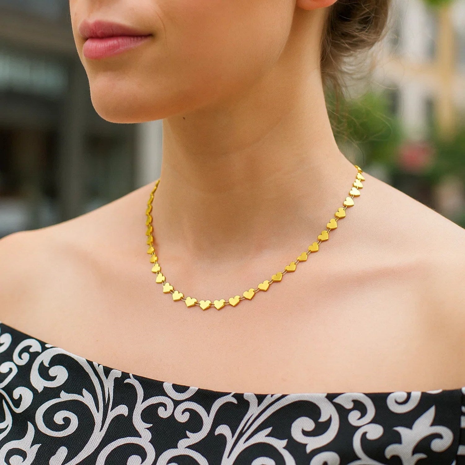 14k Yellow Gold Mirrored Heart Chain Necklace