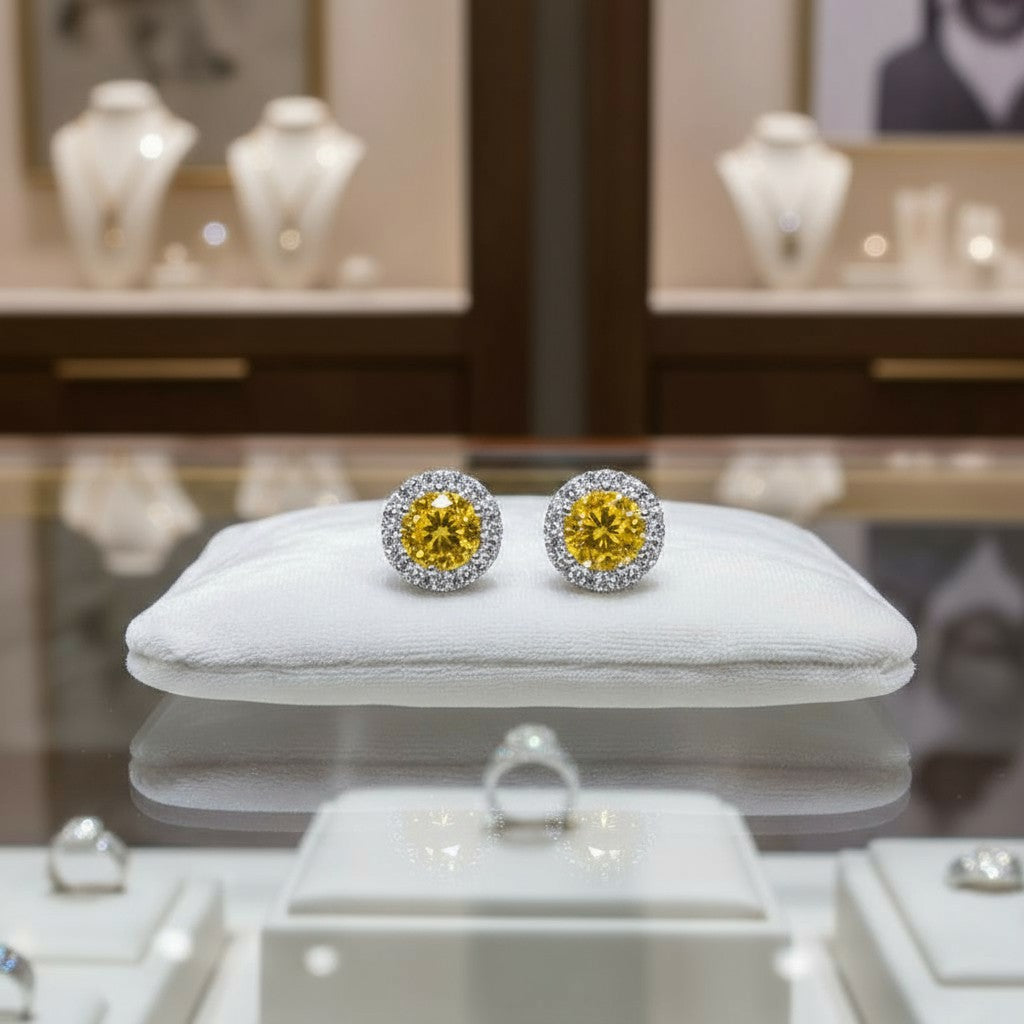 "Endless Love Collection" 14K gold w/ Diamond Halo Earrings Portuguese Cut 5.5mm - Granted Quality 