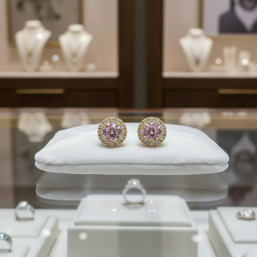 "Endless Love Collection" 14K gold w/ Diamond Halo Earrings Portuguese Cut 5.5mm - Granted Quality 