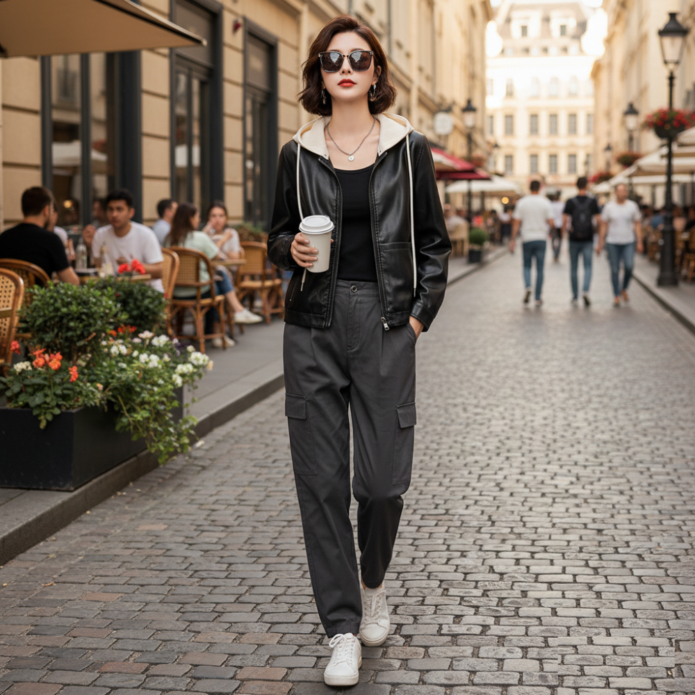 Women Vegan Leather Jacket with Removable Knit Hood