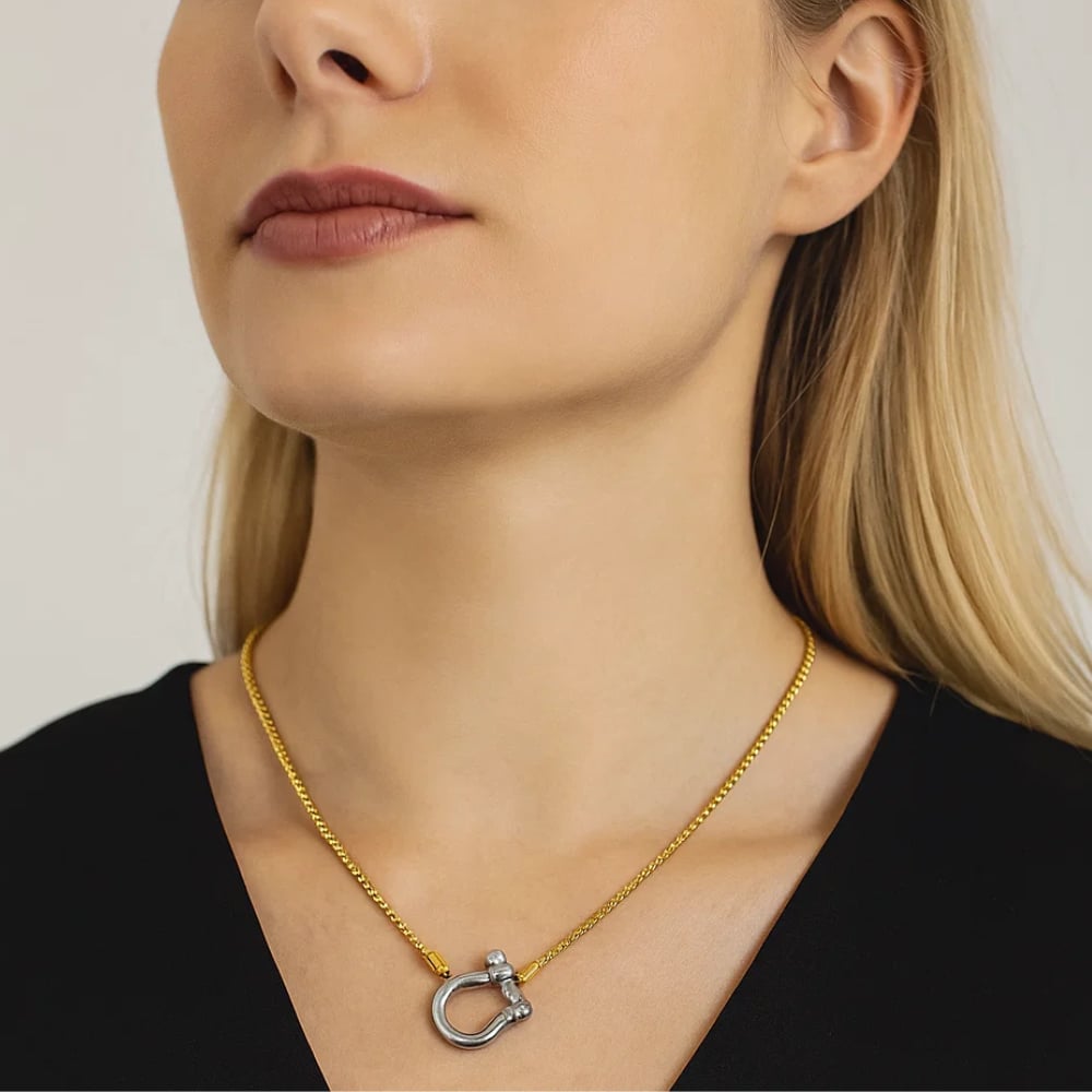 Lucky Lock Carabiner Necklace – Two-Tone Mixed Metal Horseshoe Pendant Chain - Granted Quality 