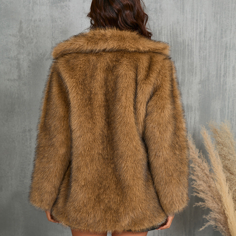Lapel Long Fluffy Faux Fur Coat - Granted Quality 