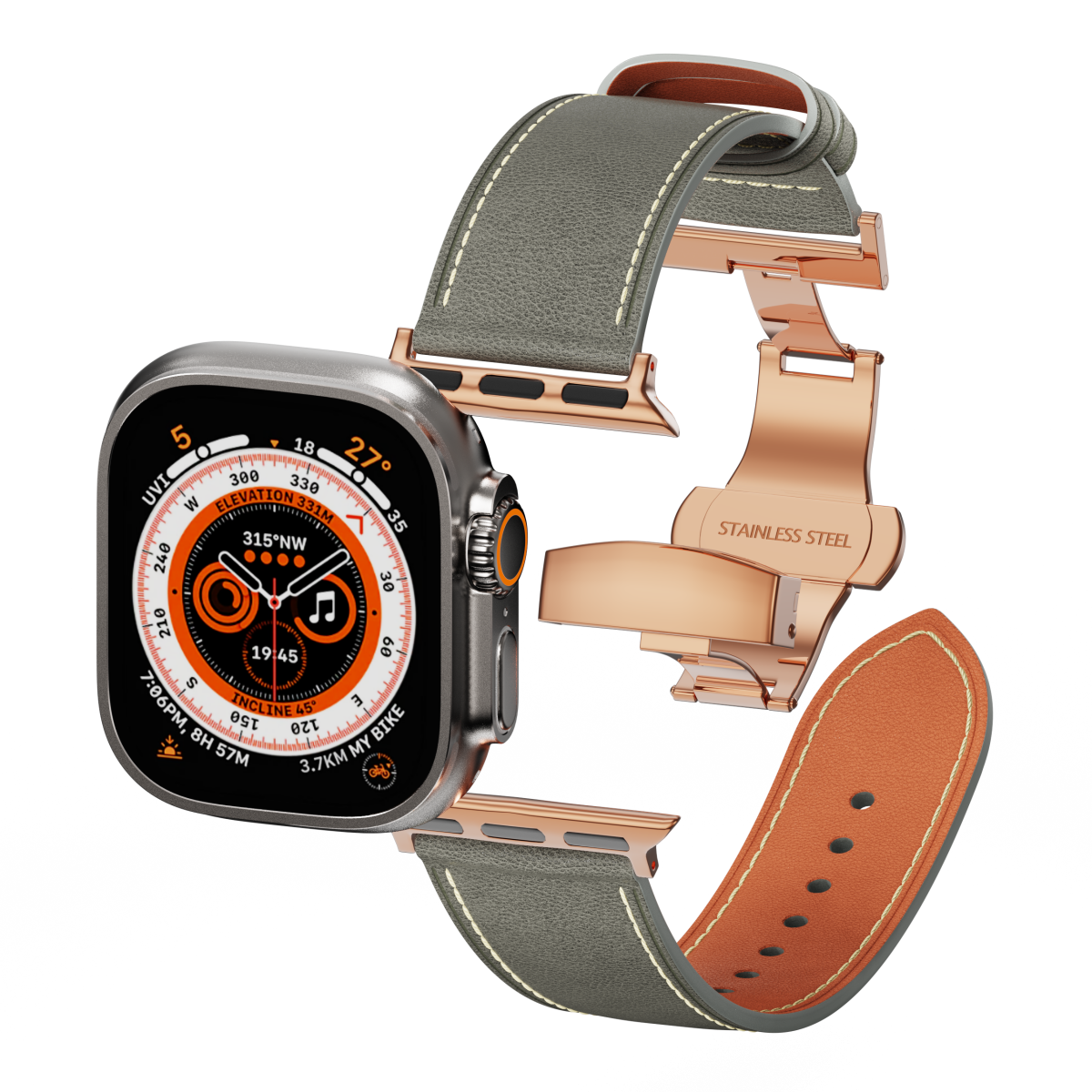 Genuine Leather Butterfly Clasp Band for Apple Watch,Rose Gold