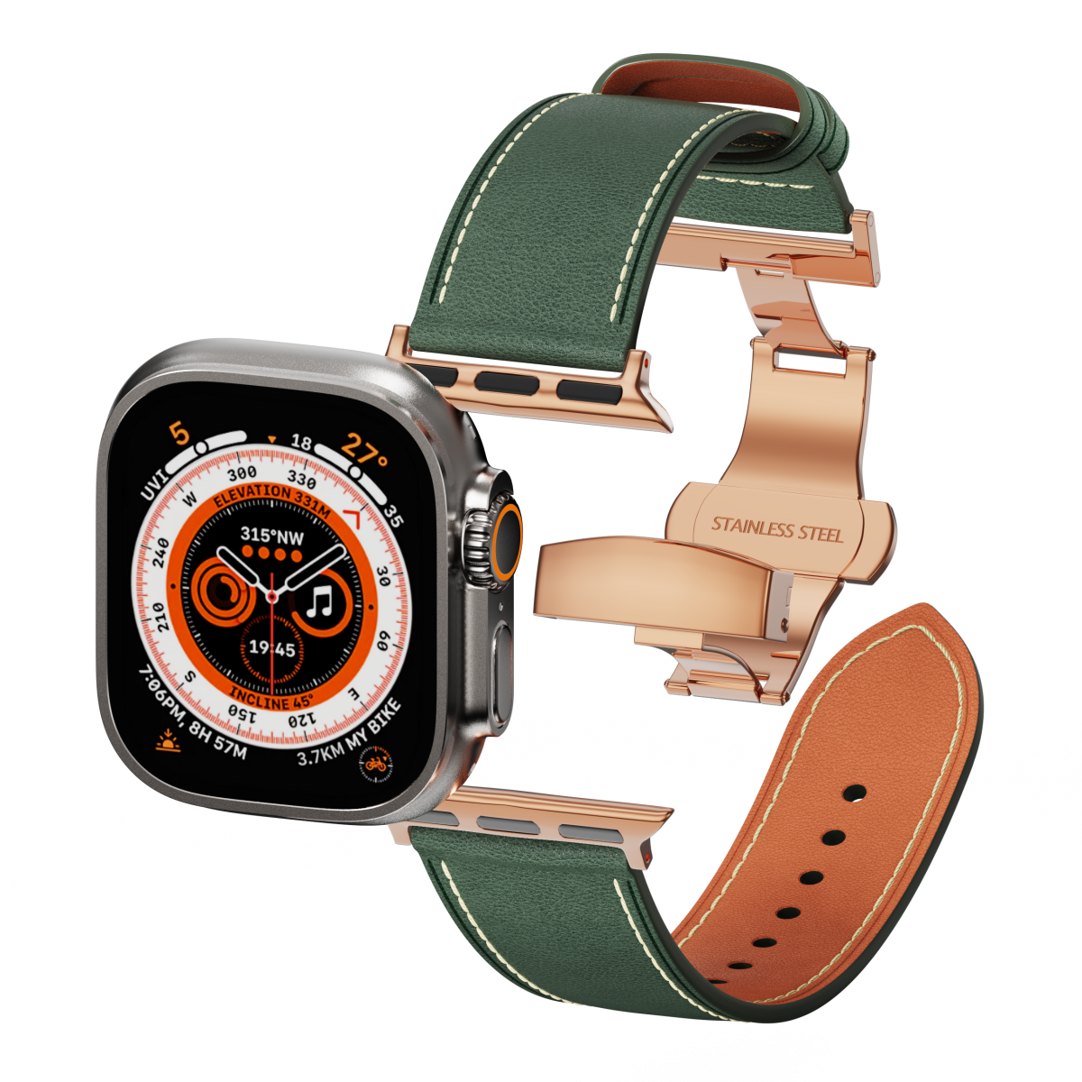 Genuine Leather Butterfly Clasp Band for Apple Watch,Rose Gold